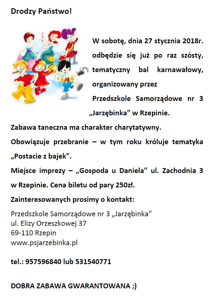 Ilustracja do informacji:  Przedszkole Samorządowe nr 3 "Jarzębinka" w Rzepinie zaprasza na bal karnawałowy!